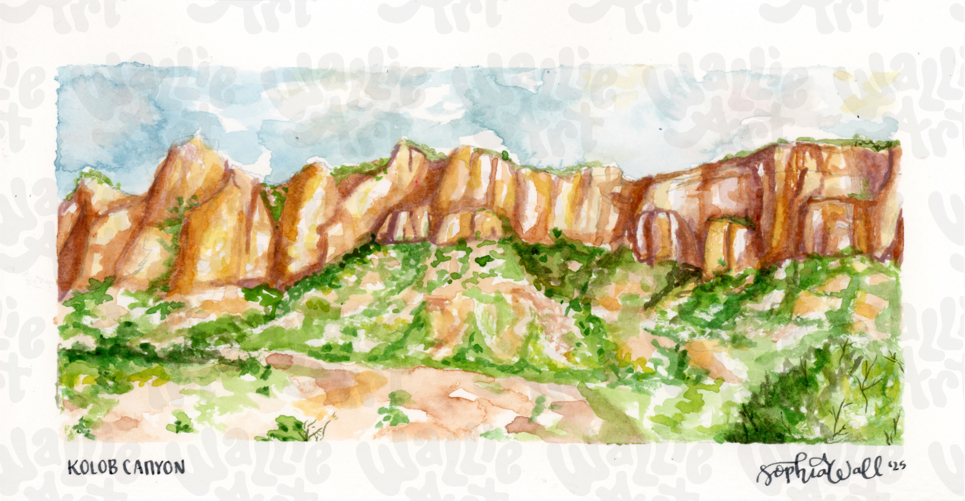 Watercolor painting of Kolob Canyons with greenery and red cliffs.