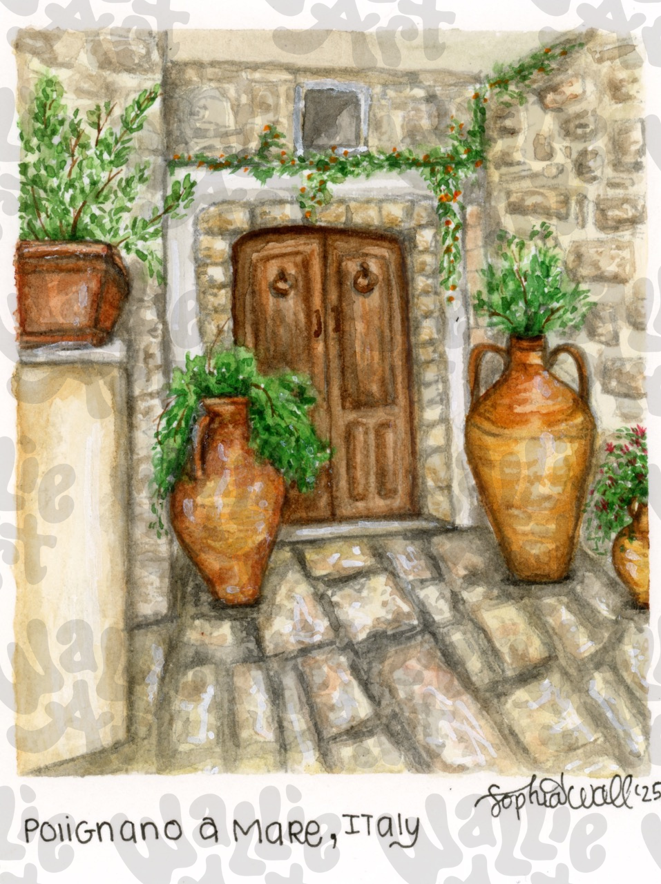 Decorative watercolor illustration of a stone building entrance with wooden doors, potted plants, and large terracotta pots in Polignano a Mare, Italy.