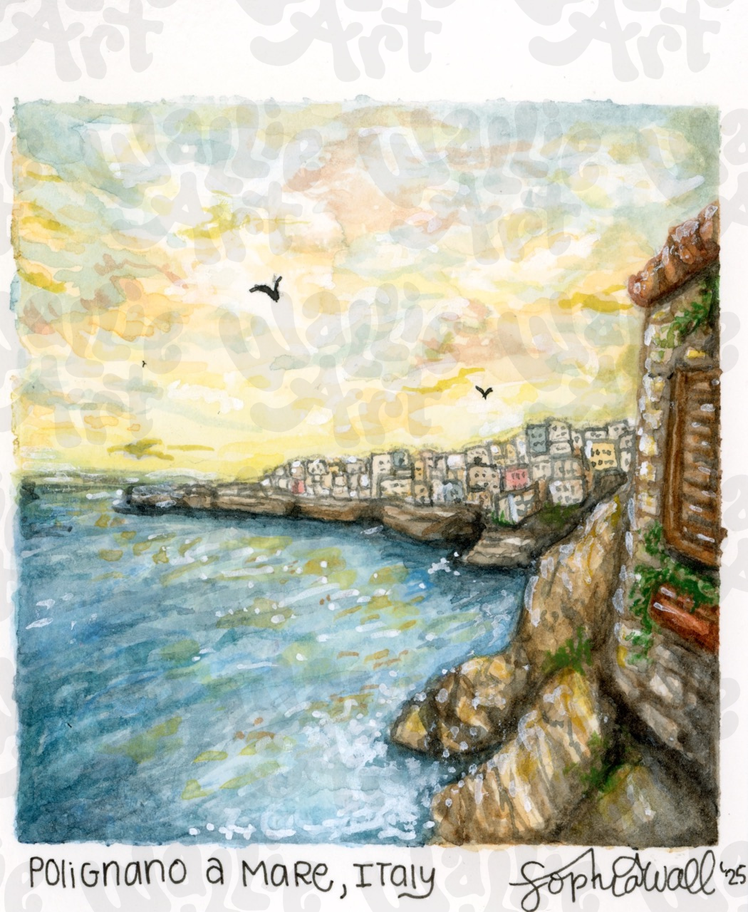 Artistic depiction of Polignano a Mare, Italy with a view of the ocean with the buildings lining the shore at sunset and 2 birds flying in the sky