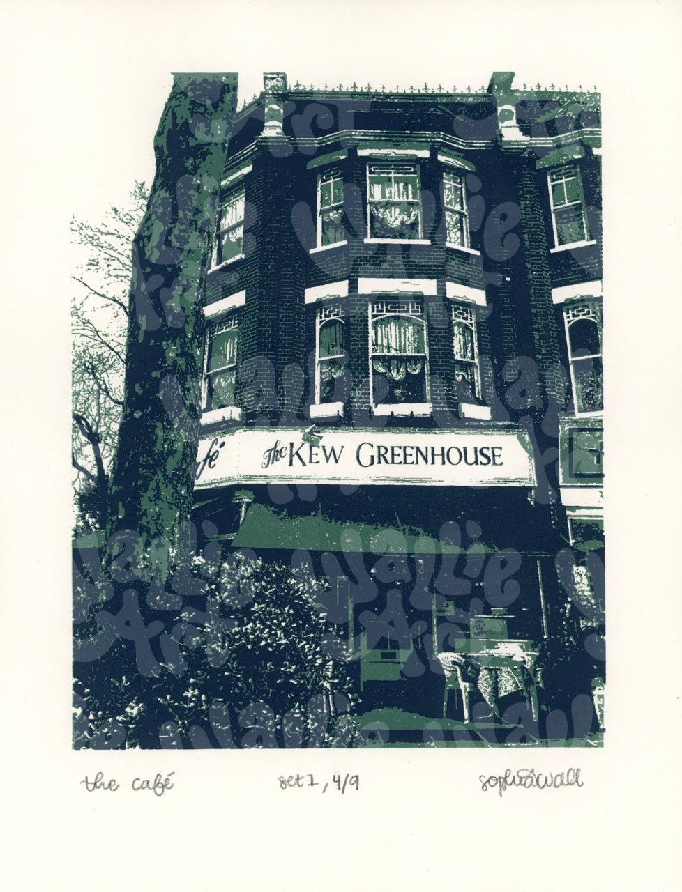 Silkscreen duo-tone print of a rustic Building exterior with 'The Kew Greenhouse' sign, surrounded by trees. and greenery. the colors are a deep navy blue and a dark sage green