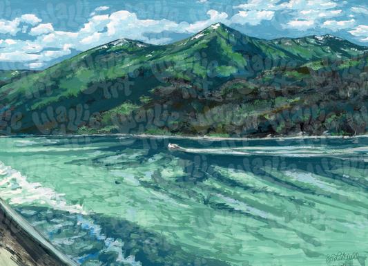 Acrylic Painting from the view of the ocean looking towards a snow peaked cool-toned mountain landscape with clouds in the sky. There is a boat further in the distance, creating a ripple and tide in the sea