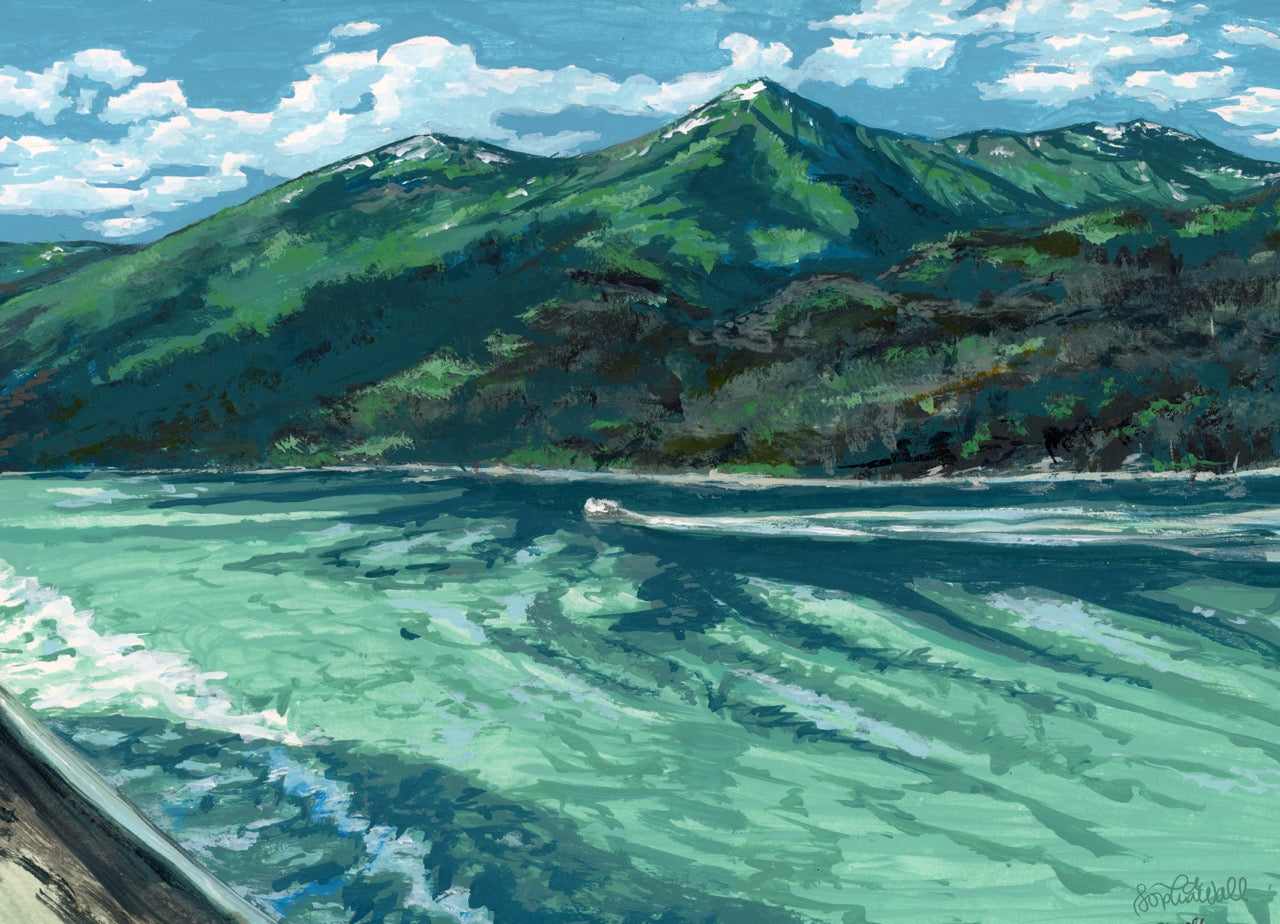 Painting of a mountainous landscape with a body of water.