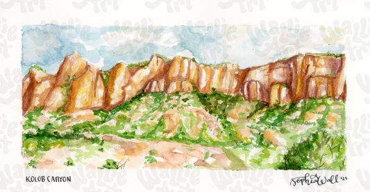 Watercolor painting of Kolob Canyons with greenery and red cliffs.