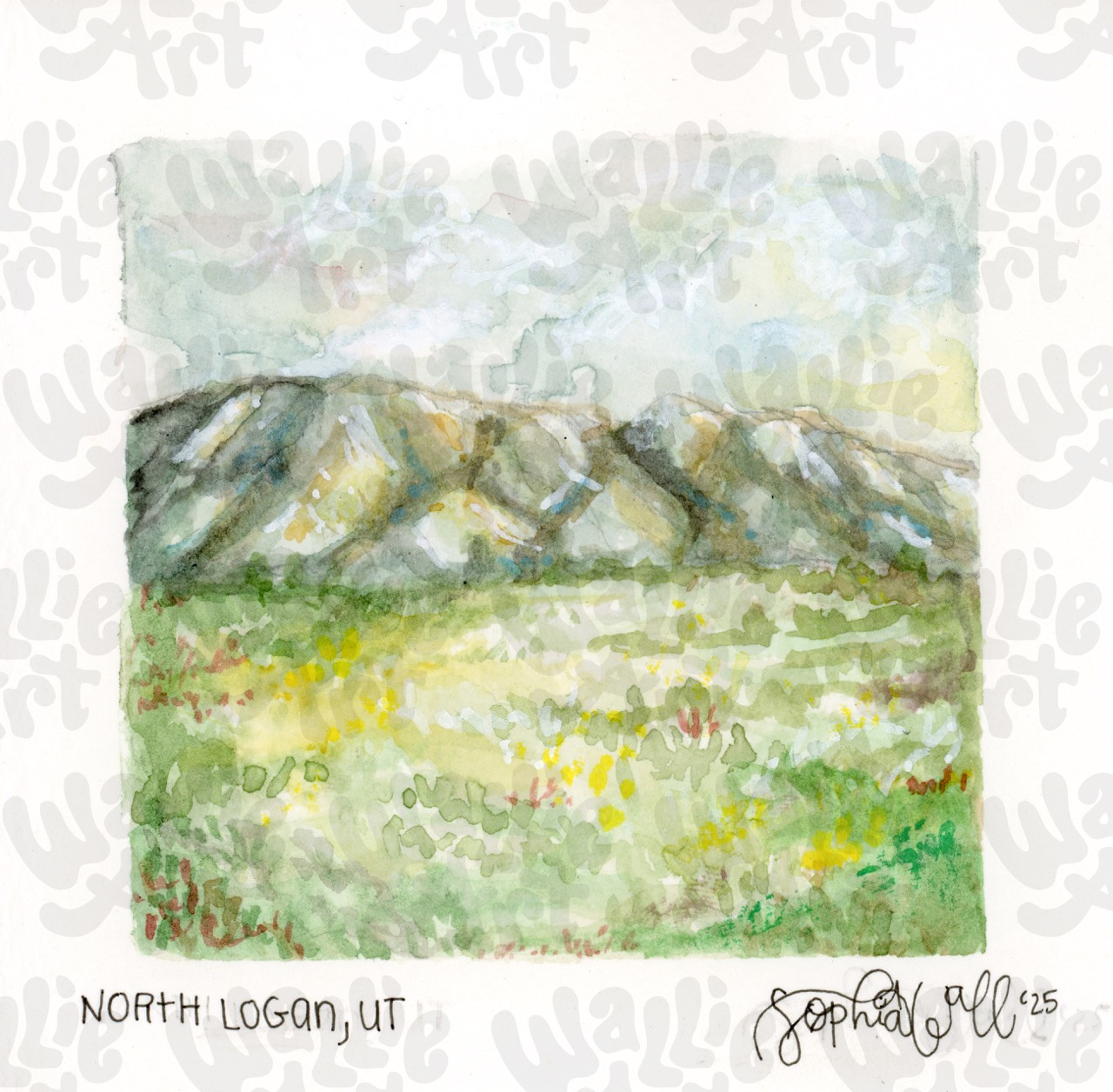 Watercolor painting of a landscape with mountains and fields at sunrise, signed 'Sophia Wall' and dated '25', on a white background.