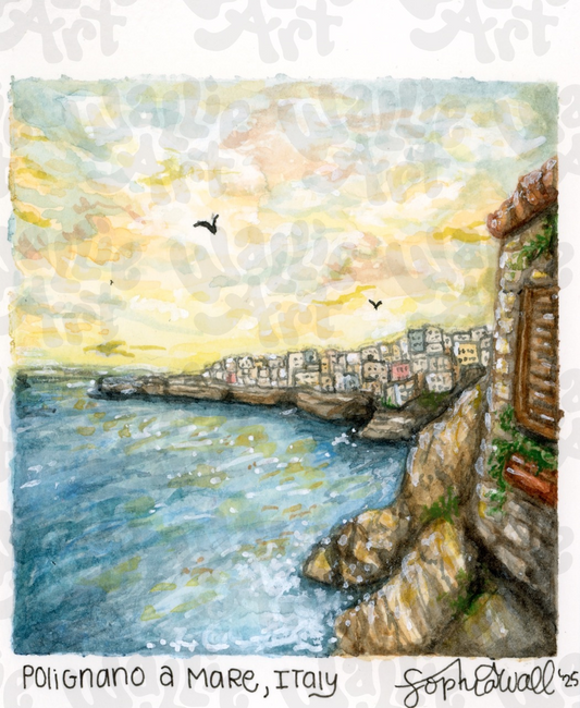 Artistic depiction of Polignano a Mare, Italy with a view of the ocean with the buildings lining the shore at sunset and 2 birds flying in the sky