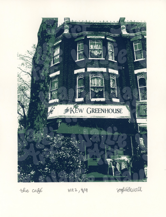 Silkscreen duo-tone print of a rustic Building exterior with 'The Kew Greenhouse' sign, surrounded by trees. and greenery. the colors are a deep navy blue and a dark sage green