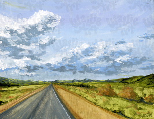 Painting of a road leading into a landscape with green fields and a blue sky with clouds.